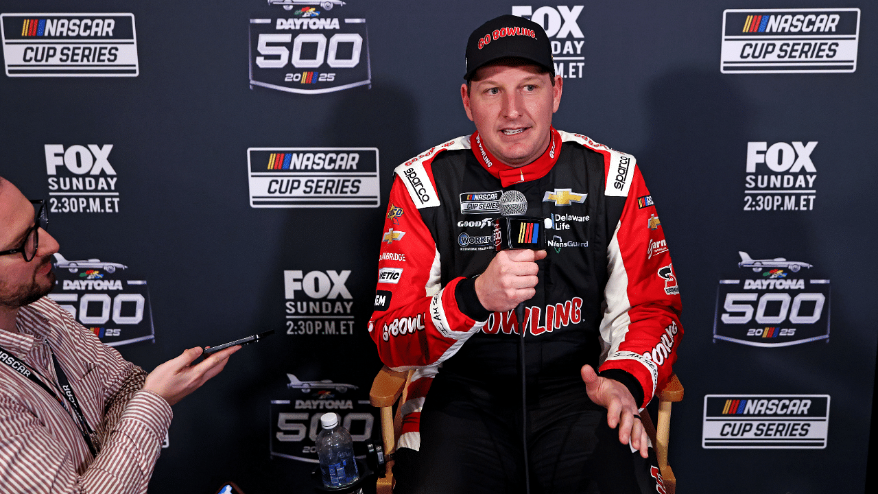 Feb 12, 2025; Daytona Beach, Florida, USA; NASCAR Cup Series driver Michael McDowell (71) during Daytona 500 media day at Daytona International Speedway. Mandatory Credit: Peter Casey-Imagn Images