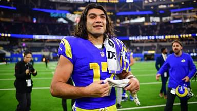 Los Angeles Rams wide receiver Puka Nacua (17) celebrates the victory against the Buffalo Bills at SoFi Stadium.