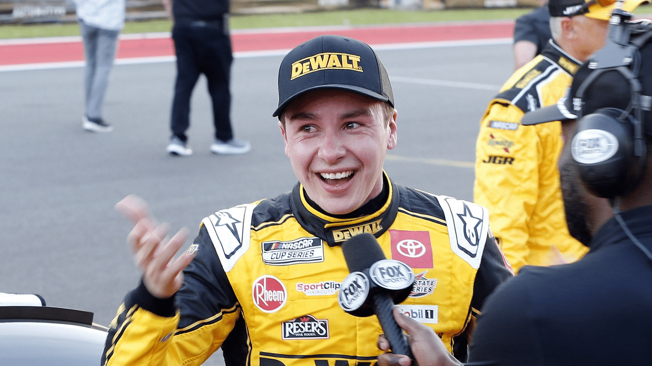 NASCAR Cup Series driver Christopher Bell (20) celebrates his victory of the EchoPark Automotive Grand Prix at Circuit of the Americas.