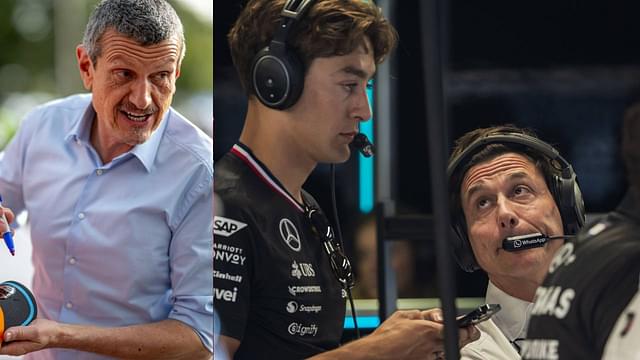 Guenther Steiner (L), Toto Wolff and George Russell (R)