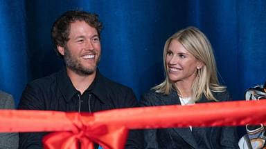 Mathew and Kelly Stafford share a laugh during speeches for the ribbon cutting of the Kelly and Matthew Stafford and Friends Education Center at the S.A.Y Detroit Play Center in Detroit on Monday, April 1, 2024.