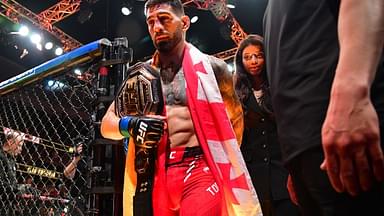 Ilia Topuria celebrates his championship victory against Alexander Volkanovski during UFC 298 at Honda Center.