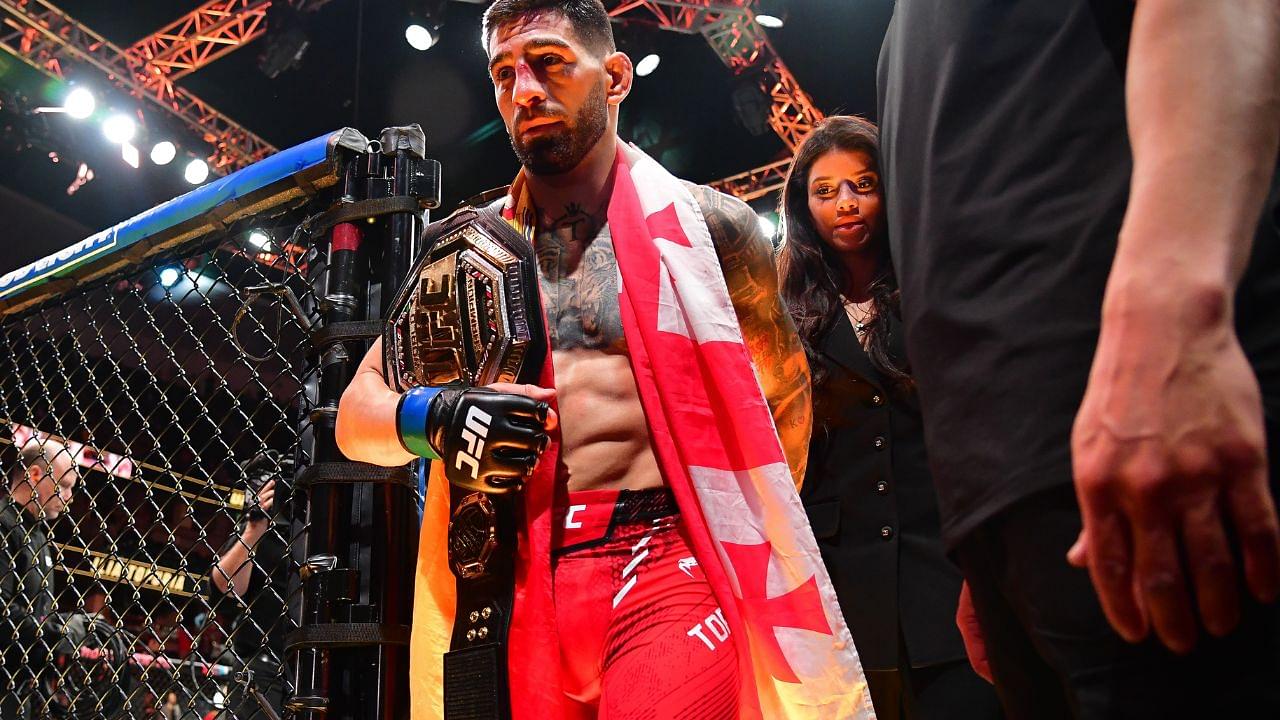 Ilia Topuria celebrates his championship victory against Alexander Volkanovski during UFC 298 at Honda Center.