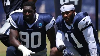 Dallas Cowboys defensive end DeMarcus Lawrence (90) and linebacker Micah Parsons (11) during training camp at the River Ridge Playing Fields in Oxnard, California.