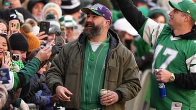 Feb 14, 2025; Philadelphia, PA, USA; Jason Kelce interacts with fans during the Super Bowl LIX championship parade and rally.