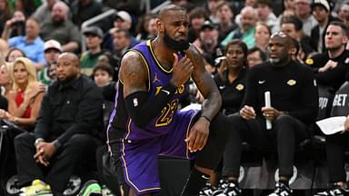 Los Angeles Lakers forward LeBron James (23) reacts after being fouled by Boston Celtics forward Jayson Tatum (not seen) during the fourth quarter at the TD Garden