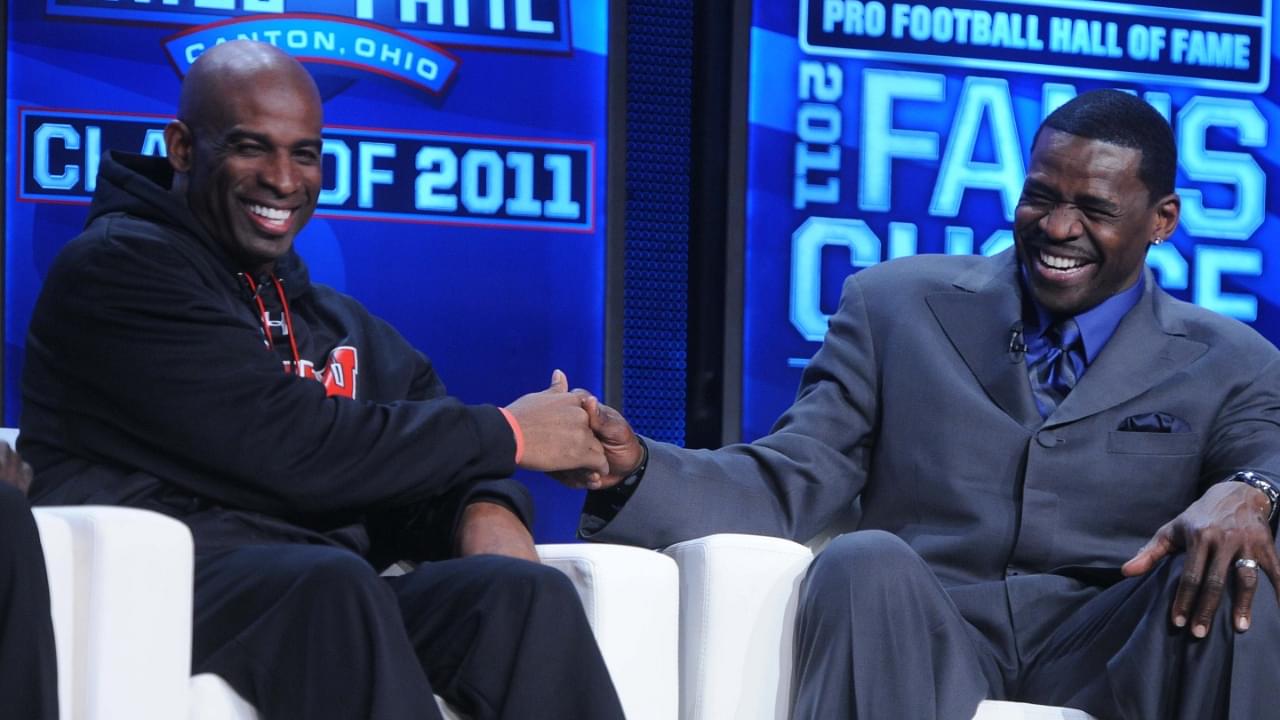 Deion Sanders (left) and Dallas Cowboys legend Michael Irvin at the 2011 Pro Football Hall of Fame announcement show at the Super Bowl XLV media center at the International Conference and Exposition Center.