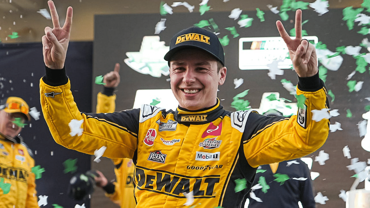 DEWALT Toyota driver Christopher Bell (20) celebrates winning the NASCAR Cup Series EchoPark Automotive Grand Prix at Circuit of the Americas on Sunday, March 2, 2025 in Austin.