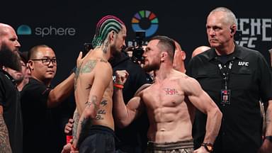 SEAN O'MALLEY and MERAB DVALISHVILI faceoff during the Ceremonial Weigh-Ins prior to their bout at UFC 306 at Riyadh Season Noche UFC at the Sphere in Las Vegas.