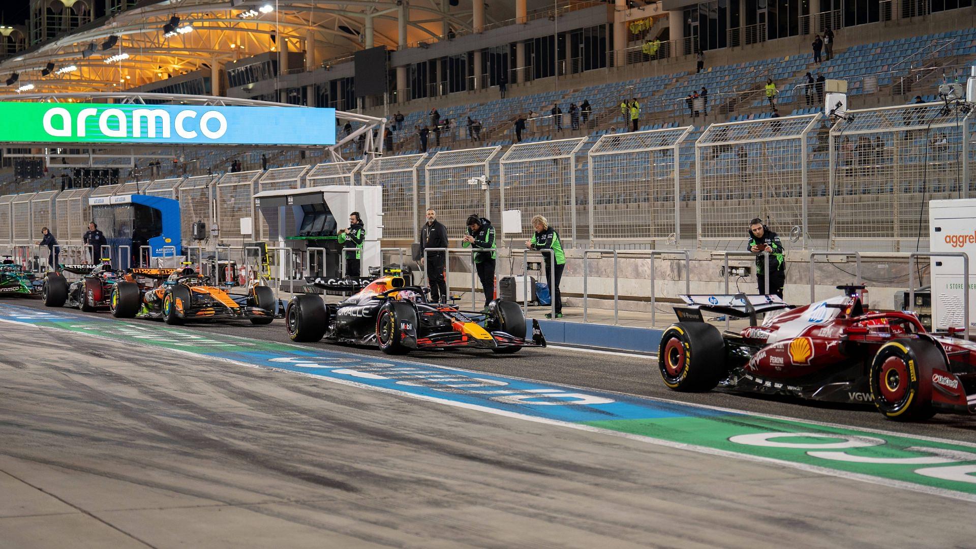 2025 FORMULA 1 PRE-SEASON TESTING IN BAHRAIN Romain MATHON OVERTAKE MAXPPP - Sakhir 27 02 2025 16 LECLERC Charles (mon), Scuderia Ferrari driver, 30 LAWSON Liam (nld), Red Bull Racing driver, 04 NORRIS Lando (gbr), McLaren F1 Team driver, action 12 ANTONELLI Andrea Kimi (ita), Mercedes AMG Petronas driver, action during the Formula 1 pre-season testing 2025 on the Bahrain International Circuit