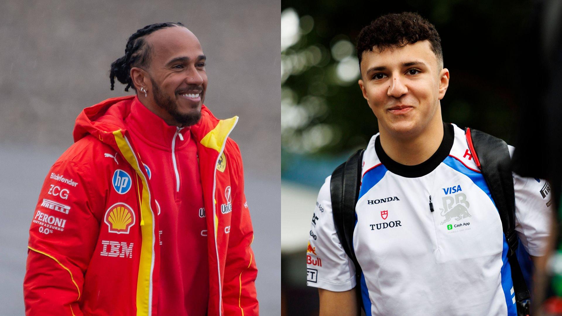 Lewis Hamilton (L) and Isack Hadjar (R)