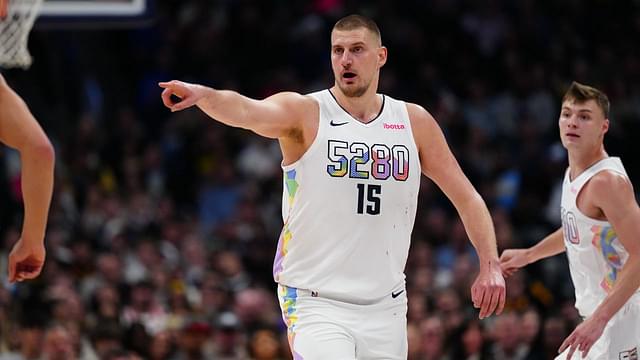 Denver Nuggets center Nikola Jokic (15) points in the second half against the Phoenix Suns at Ball Arena.