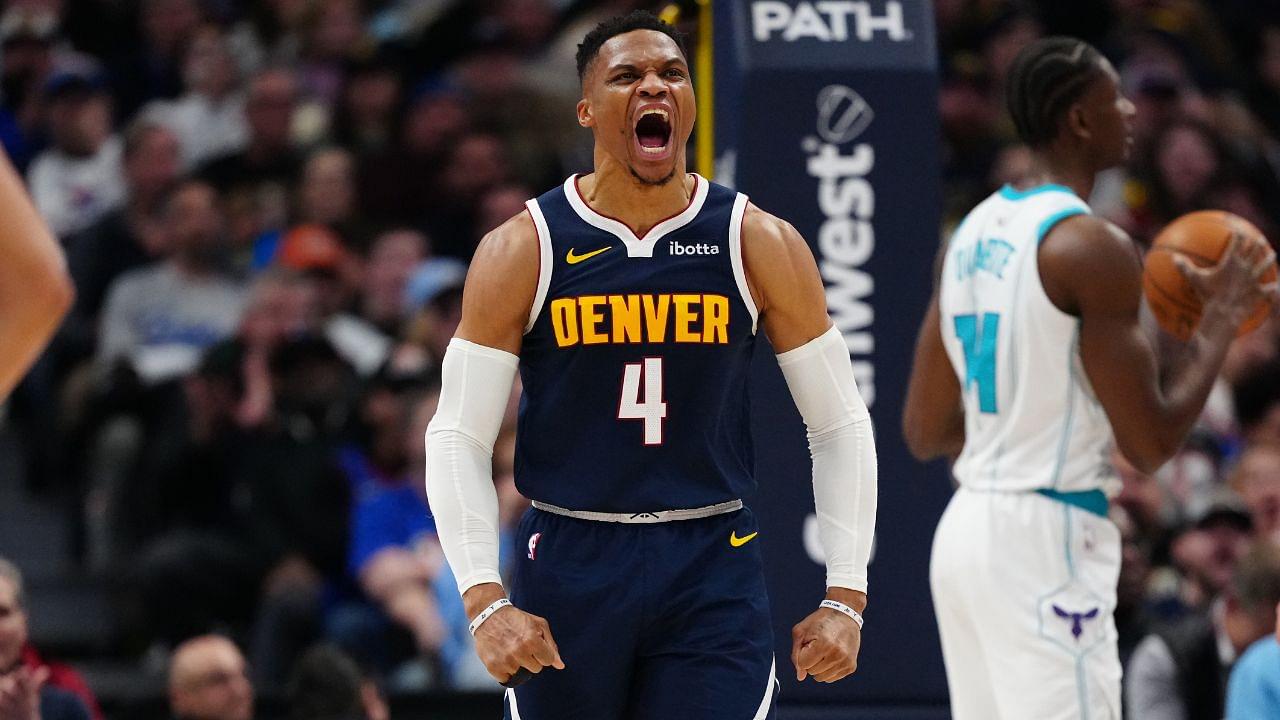 Denver Nuggets guard Russell Westbrook (4) reacts to his score in the second quarter against the Charlotte Hornets at Ball Arena