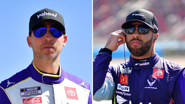 (L-R) NASCAR Cup Series drivers Denny Hamlin and Bubba Wallace.