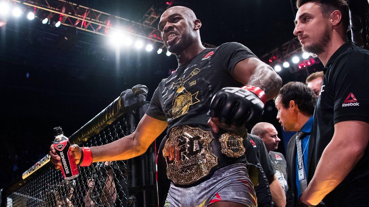 Jon Jones celebrates the victory over Alexander Gustafsson in the fight for the light heavyweight title during UFC 232 on December 29, 2018 in Los Angeles