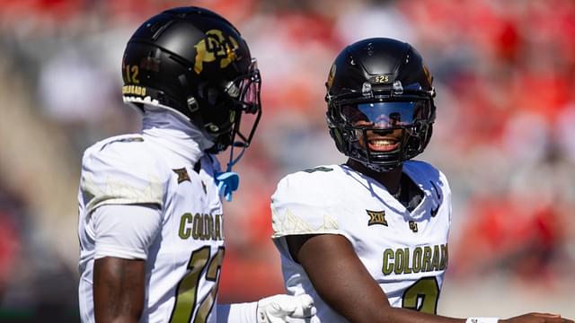 Colorado Buffalos quarterback Shedeur Sanders (2) with wide receiver Travis Hunter (12) against the Arizona Wildcats at Arizona Stadium.