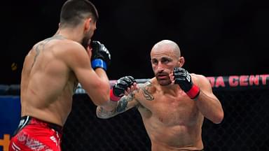 ; Alexander Volkanovski fights against Ilia Topuria during UFC 298 at Honda Center.