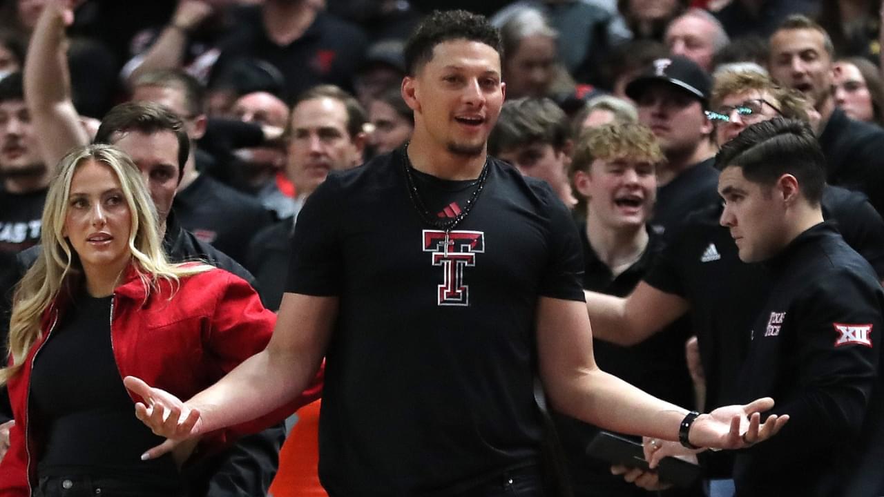 Feb 24, 2025; Lubbock, Texas, USA; NFL Kansas City Chiefs player and Texas Tech Red Raiders alumni Patrick Mahomes II reacts to a call in the second half in the game against the Houston Cougars at United Supermarkets Arena.