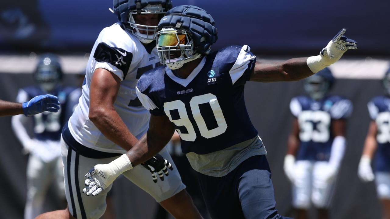 Jul 30, 2024; Oxnard, CA, USA; Dallas Cowboys defensive end DeMarcus Lawrence (90) rushes during training camp at the River Ridge Playing Fields in Oxnard, California.