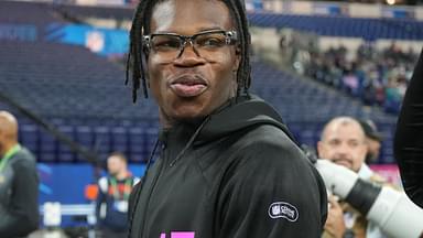 Colorado defensive back Travis Hunter (DB15) looks on during the 2025 NFL Combine at Lucas Oil Stadium.