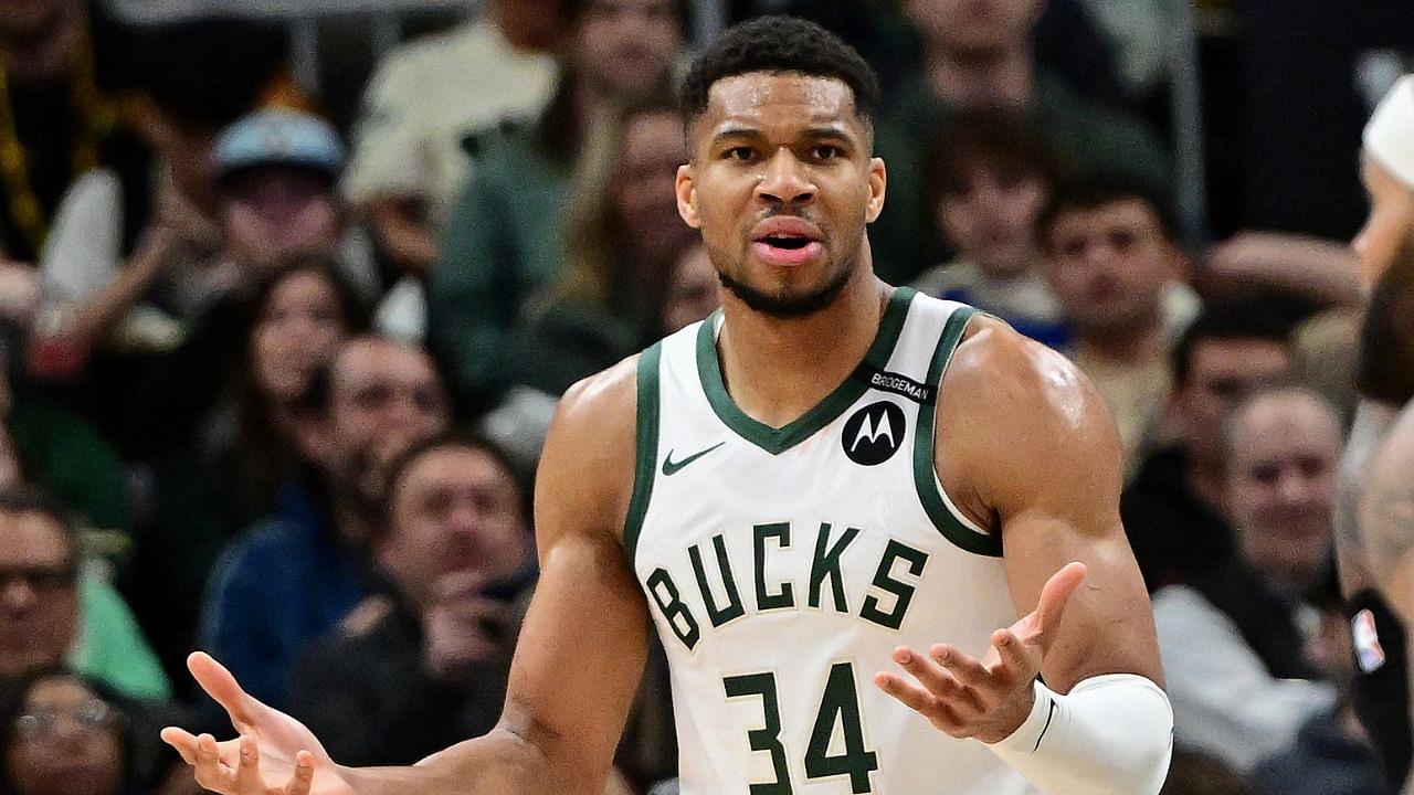 Milwaukee Bucks forward Giannis Antetokounmpo (34) reacts in the third quarter against the Los Angeles Lakers at Fiserv Forum.