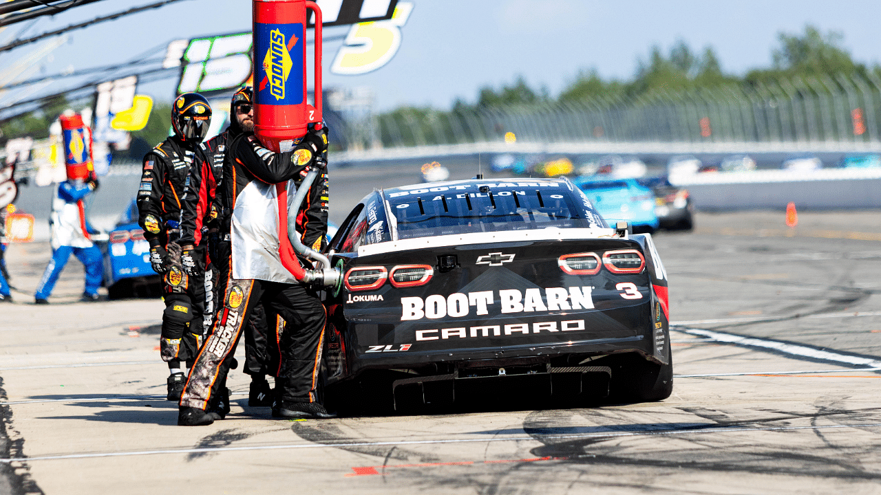 Austin Dillion (3) makes a quick pit stop to fuel up on gasoline before heading back out to the Tricky Triangle at the NASCAR Cup Series on July 14, 2024. © Taj Falconer / USA TODAY NETWORK