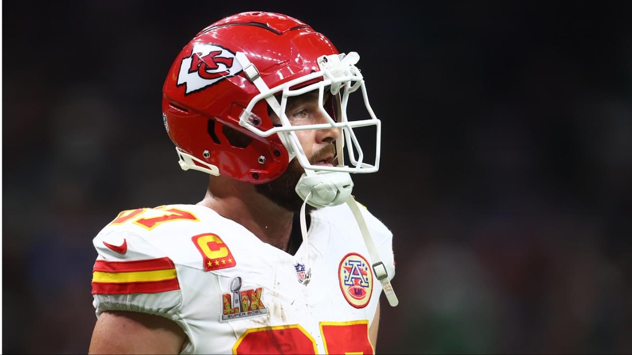 Kansas City Chiefs tight end Travis Kelce (87) reacts in the fourth quarter against the Philadelphia Eagles in Super Bowl LIX at Ceasars Superdome.