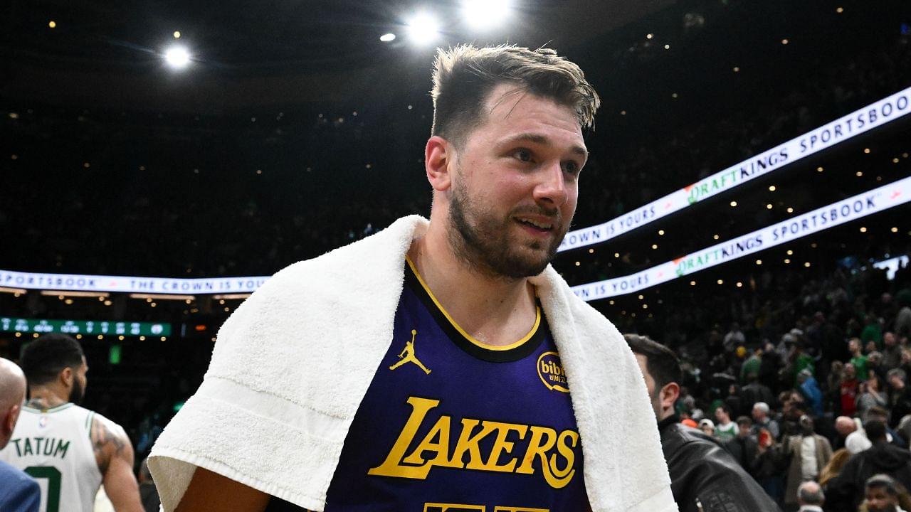 Los Angeles Lakers guard Luka Doncic (77) walks off of the court after a game against the Boston Celtics at the TD Garden.