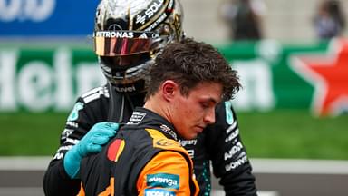 GEORGE RUSSELL (GBR) of Mercedes-AMG PETRONAS F1 Team 63 congratulating LANDO NORRIS (GBR) of McLaren Racing 4 during the FORMULA 1 HEINEKEN CHINESE GRAND PRIX 2025 RACE DAY at the Shanghai Audi International Circuit, Shanghai, China on 23 March 2025