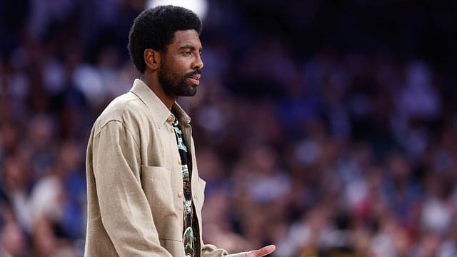 Kyrie Irving of Dallas Mavericks looks on during the basketball friendly match played between Real Madrid and Dallas Mavericks at Wizink Center pavilion on October 10, 2023, in Madrid, Spain.