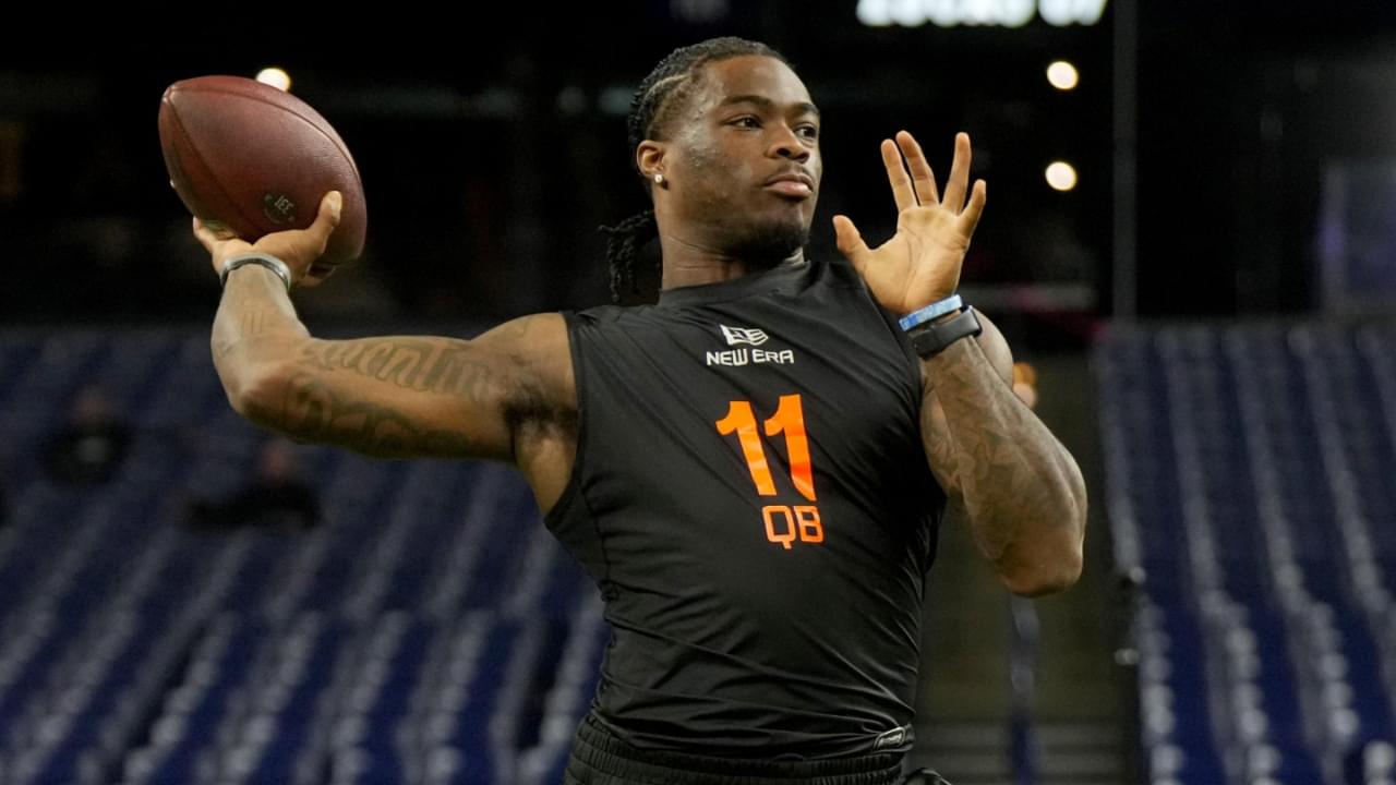 Mar 1, 2025; Indianapolis, IN, USA; Alabama quarterback Jalen Milroe (QB11) during the 2025 NFL Combine at Lucas Oil Stadium.