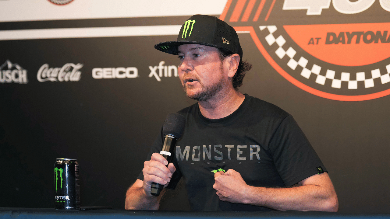 Aug 26, 2023; Daytona Beach, Florida, USA; Kurt Busch address s the media after announcing his retirement prior to the Coke Zero Sugar 400 at Daytona International Speedway. Mandatory Credit: David Yeazell-Imagn Images