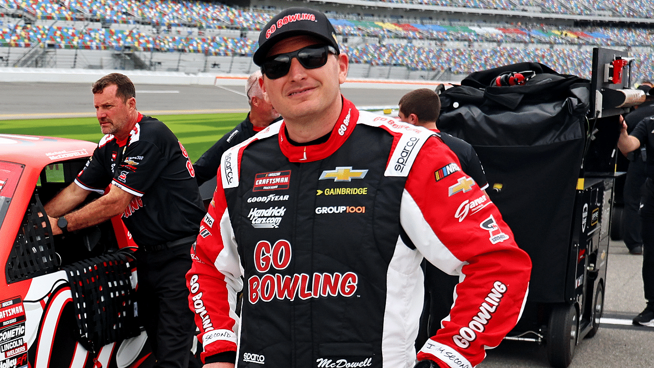 Feb 14, 2025; Daytona Beach, Florida, USA; NASCAR Truck Series driver Michael McDowell (07) during qualifying for the Fresh From Floria 250 at Daytona International Speedway. Mandatory Credit: Peter Casey-Imagn Images