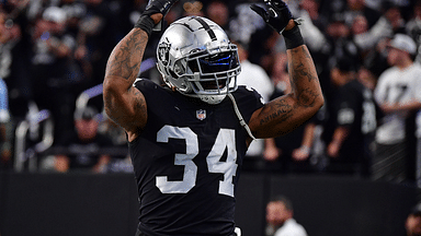 Nov 13, 2022; Paradise, Nevada, USA; Las Vegas Raiders running back Brandon Bolden (34) reacts against the Indianapolis Colts during the second half at Allegiant Stadium.