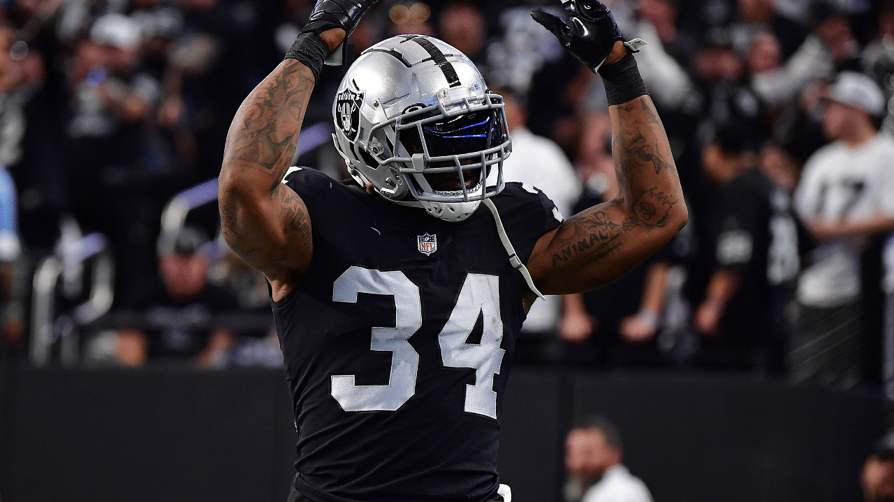 Nov 13, 2022; Paradise, Nevada, USA; Las Vegas Raiders running back Brandon Bolden (34) reacts against the Indianapolis Colts during the second half at Allegiant Stadium.