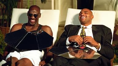 NBA superstars Michael Jordan (left) and Charles Barkley during the filming of a Nike shoe commercial at the Arizona Biltmore