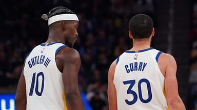 Golden State Warriors forward Jimmy Butler III (10) talks with guard Stephen Curry (30) during a game against the Detroit Pistons in the second quarter at Chase Center