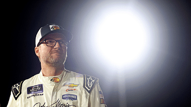 Jul 20, 2024; Hampton, VA, USA; Dale Earnhardt Jr. (3) waits for the start of the 16th Annual Hampton Heat at Langley Speedway. Mandatory Credit: Peter Casey-Imagn Images