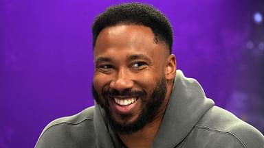 Cleveland Browns defensive end Myles Garrett on radio row at the Super Bowl LIX media center at the Ernest N. Morial Convention Center.