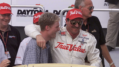 Dale Earnhardt hugs his son, Dale Earnhardt, Jr., in victory lane after winning the International Race of Champions on Feb. 12, 1999 at Daytona International Speedway in Daytona, FL on Friday Feb. 12, 1999.