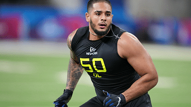 Boise State defensive lineman Ahmed Hassanein (DL50) participates in drills during the 2025 NFL Combine at Lucas Oil Stadium.