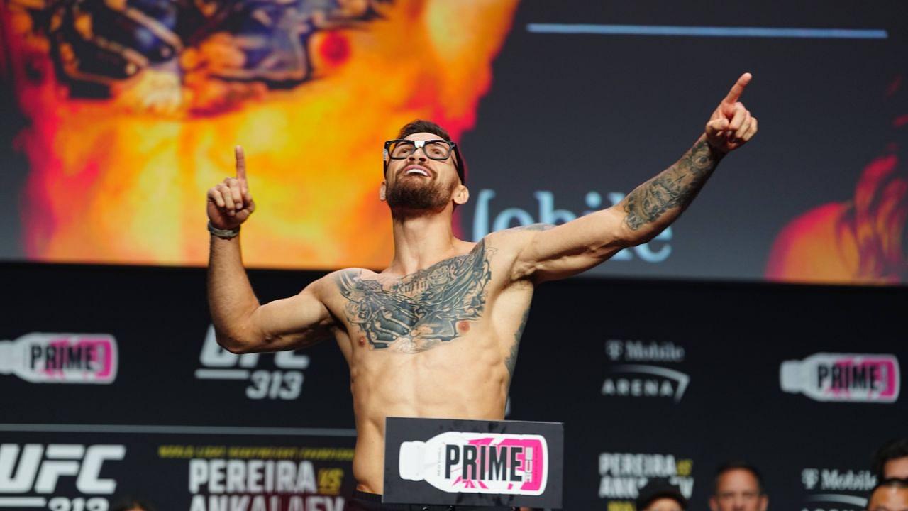 Mauricio Ruffy steps on the scale for the ceremonial weigh-ins at UFC313 - Pereira vs Ankalaev at UFC APEX on March 7, 2025 in Las Vegas, Nevada