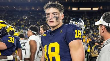 Michigan tight end Colston Loveland (18) walks off the field after 38-17 loss to Oregon at Michigan Stadium in Ann Arbor on Saturday, Nov. 2, 2024.