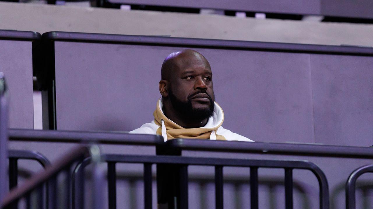 Former NBA player Shaquille O'Neal sits courtside during the first half between the Florida Gators and the LSU Tigers at Exactech Arena at the Stephen C. O'Connell Center