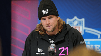 Pen State tight end Tyler Warren speaks to the media at the 2025 NFL Combine.