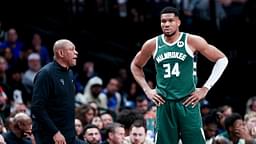 Milwaukee Bucks head coach Doc Rivers speaks to Milwaukee Bucks forward Giannis Antetokounmpo (34) during the second half against the Dallas Mavericks at American Airlines Center.