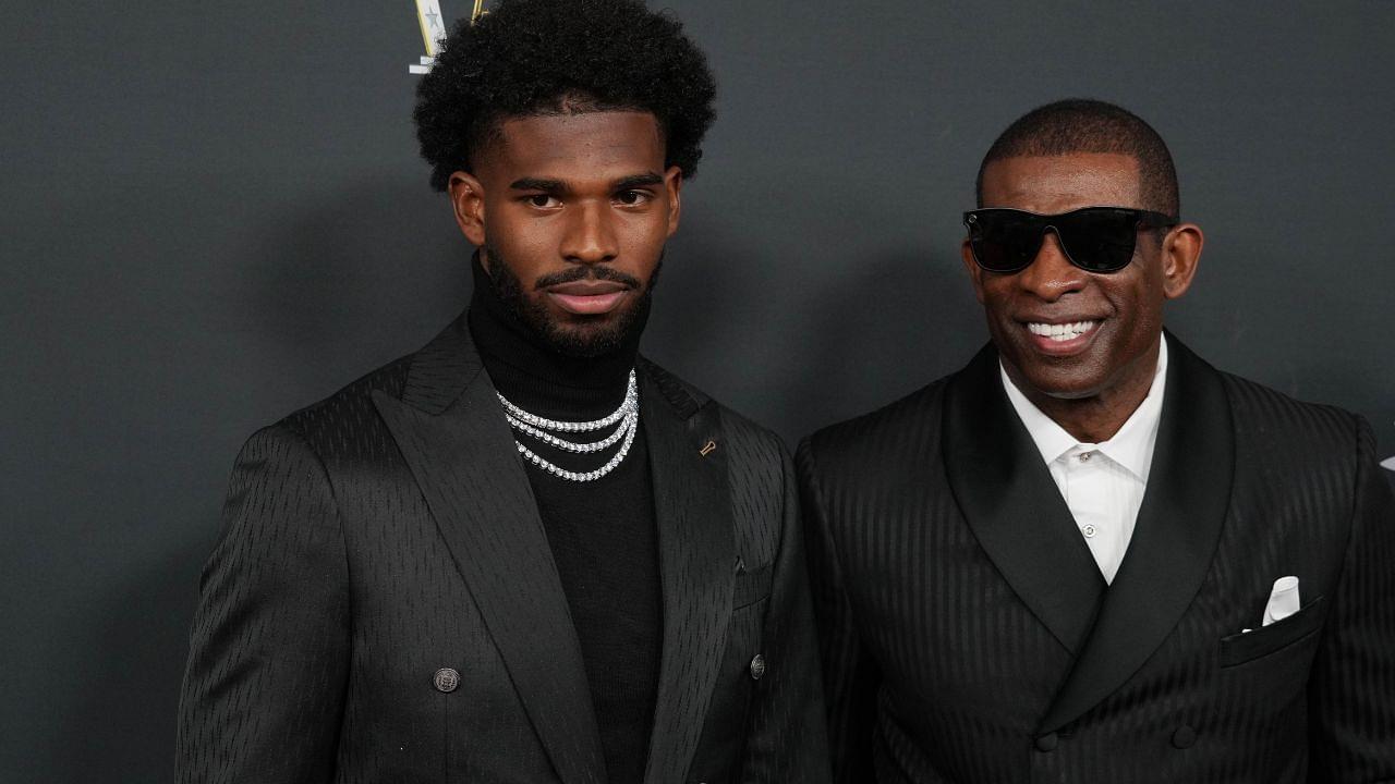 Deion Sanders (right) with his son Shedeur Sanders on the red carpet before Super Bowl LIX NFL Honors at Saenger Theatre.