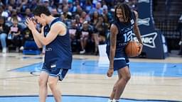 Grizzlies' Yuki Kawamura (17) and Ja Morant (12) do the griddy dance during open practice at FedExForum in Memphis, Tenn.