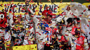 Mar 16, 2025; Las Vegas, Nevada, USA; NASCAR Cup Series driver Josh Berry (21) celebrates his victory following the Pennzoil 400 at Las Vegas Motor Speedway. Mandatory Credit: Gary A. Vasquez-Imagn Images