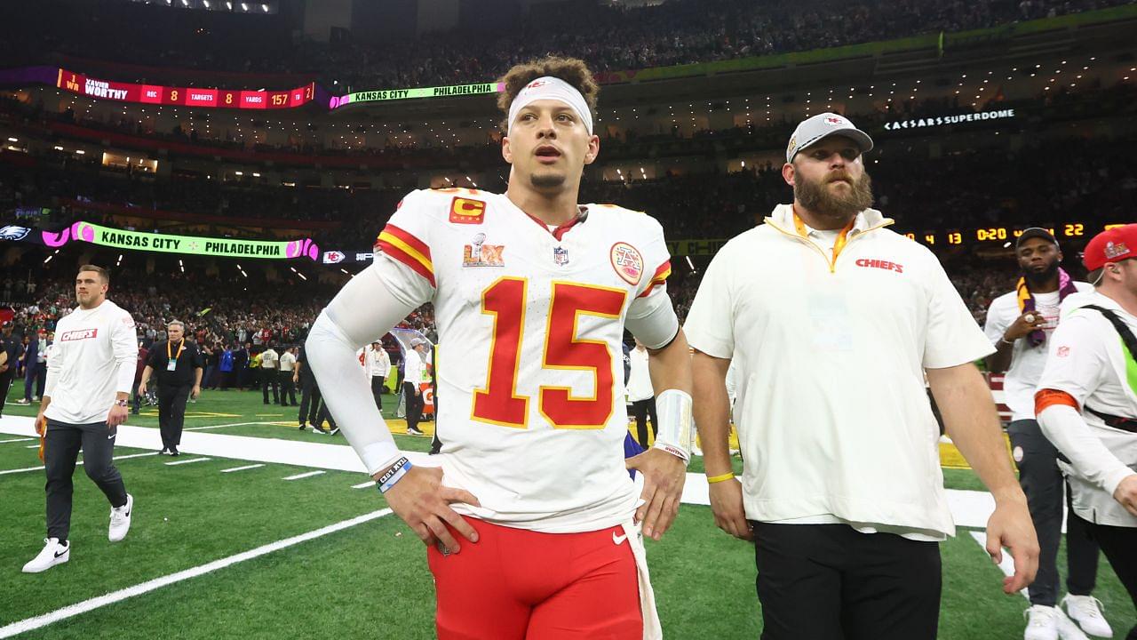 Kansas City Chiefs quarterback Patrick Mahomes (15) reacts after losing to the Philadelphia Eagles in Super Bowl LIX at Ceasars Superdome.